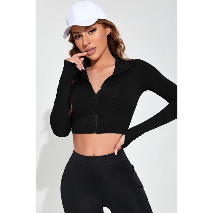Kadın Siyah Uzun Kol Fermuarlı Parmak Geçme Detaylı Dik Yaka Crop Top Bluz
