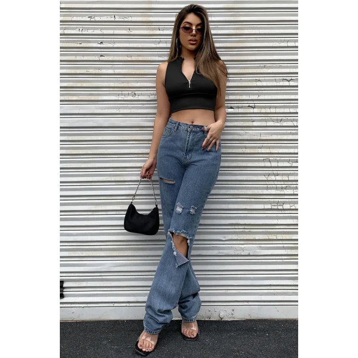 Kadın Siyah Yarım Fermuarlı Sıfır Kol Crop Top Bluz – Şık, Rahat ve Kolay Kombinlenebilir