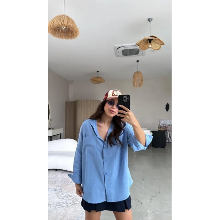 Kadın Tek Cepli Over Size Ketem Gömlek