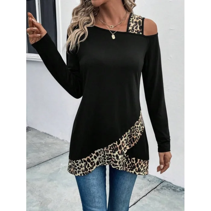 Kadın Tek O Uzdan Açık Askılı Uzun Kollu Leopar Detaylı Viskon Bluz