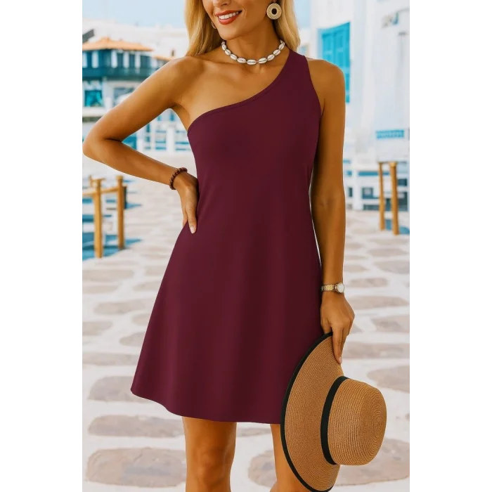 Kadın Tek Omuz Askılı Krep Mini Elbise