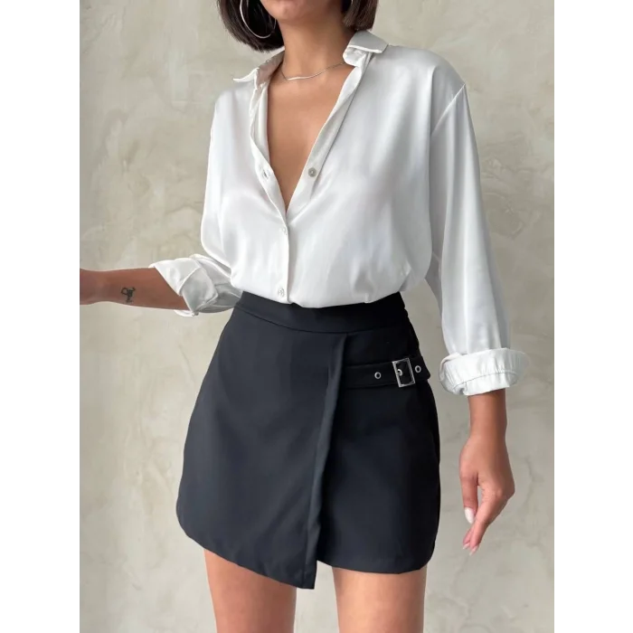 Kadın tokalı şort etek siyah s25449