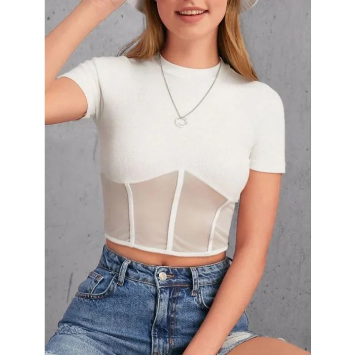 Kadın Transparan Detay Kısa Kol Kaşkorse Bluz