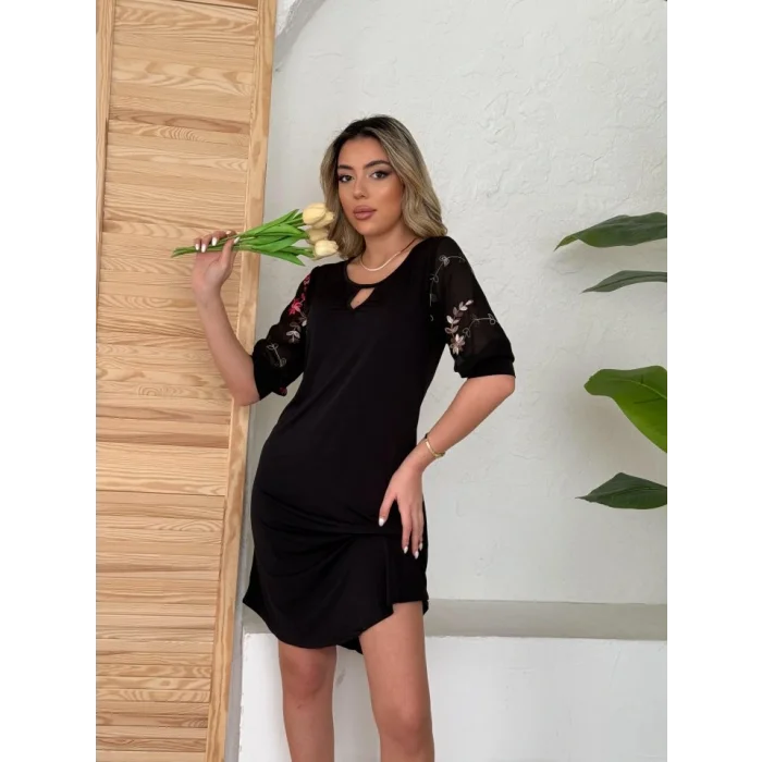 Kadın Truvakar Kol çiçek Desenli Tül Kol Bisiklet Yaka çiçek Desen Sandy Salaş Kısa Elbise