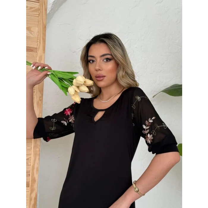 Kadın Truvakar Kol çiçek Desenli Tül Kol Bisiklet Yaka çiçek Desen Sandy Salaş Kısa Elbise