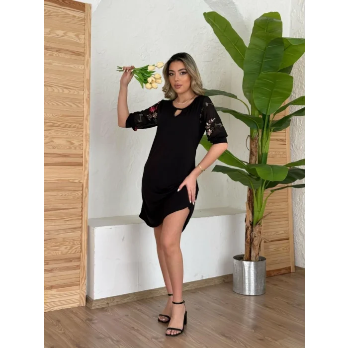 Kadın Truvakar Kol çiçek Desenli Tül Kol Bisiklet Yaka çiçek Desen Sandy Salaş Kısa Elbise