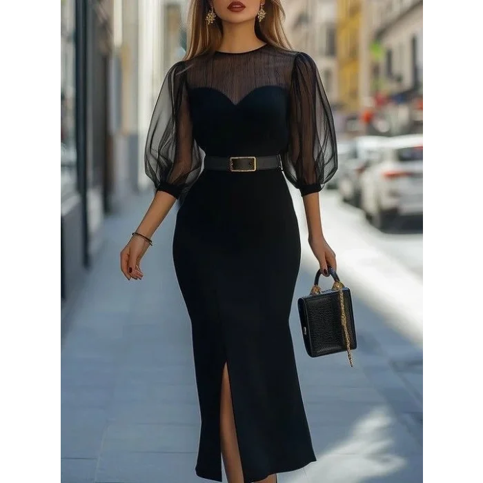 Kadın Truvakar Kollu Bisiklet Yaka Kemersiz Yırtmaç Detaylı Uzun Ithal Krep Elbise