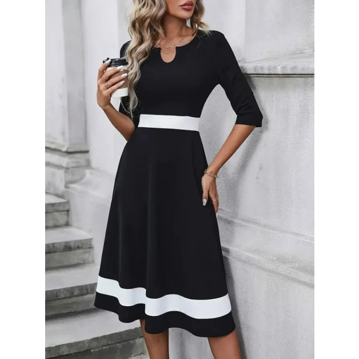 Kadın Truvakarkol Yakası Açık Blok Renkli Krep Midi Elbise