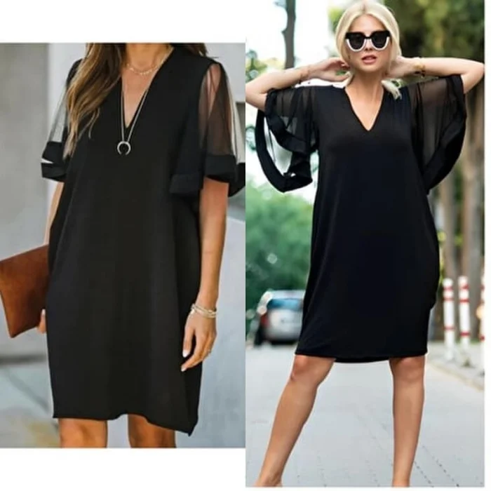 Kadın Tüllü Kısa Kollu V Yaka Krep Elbise