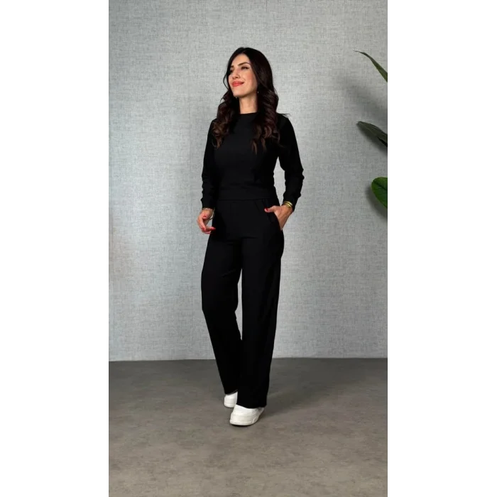 Kadın Uzun Kol Bisiklet Yaka Bürümcük Bluz Ve Pantolon Ikili Takım