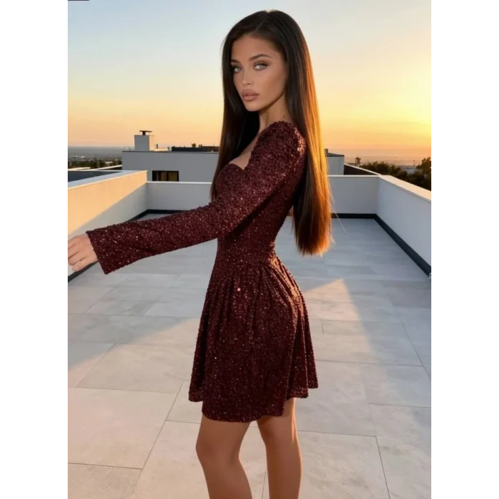 Kadın Uzun Kollu Armut Yaka Pul Payet Işlemeli Mini Gece Elbisesi