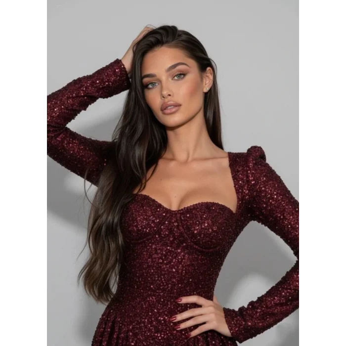 Kadın Uzun Kollu Armut Yaka Pul Payet Işlemeli Mini Gece Elbisesi