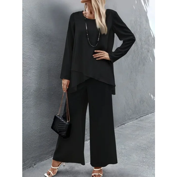 Kadın Uzun Kollu Asimetrik Detaylı Salaş Sandy Bluz Ve Pantolon Ikili Takım