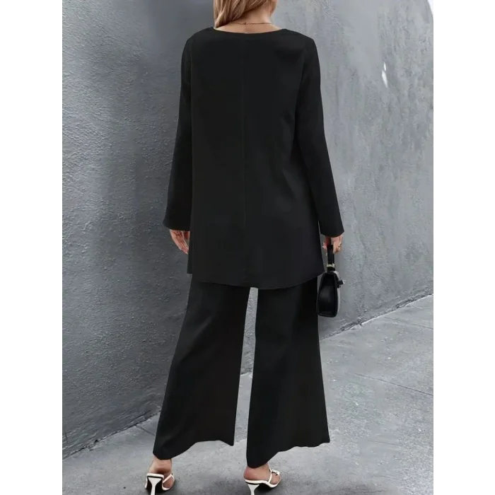 Kadın Uzun Kollu Asimetrik Detaylı Salaş Sandy Bluz Ve Pantolon Ikili Takım