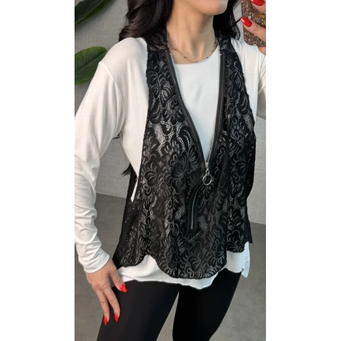 Kadın Uzun Kollu Asimetrik Kesim Bluz Ve Dantel Güpür Transparan Detay Fermuarlı Yelek Ikili Takım