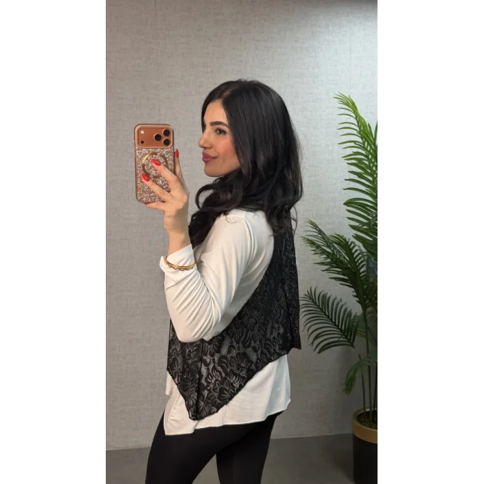 Kadın Uzun Kollu Asimetrik Kesim Bluz Ve Dantel Güpür Transparan Detay Fermuarlı Yelek Ikili Takım