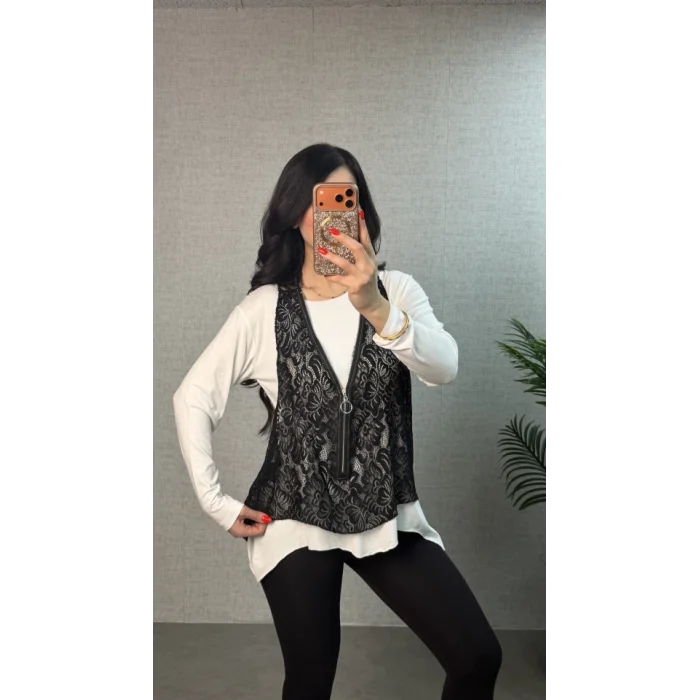 Kadın Uzun Kollu Asimetrik Kesim Bluz Ve Dantel Güpür Transparan Detay Fermuarlı Yelek Ikili Takım