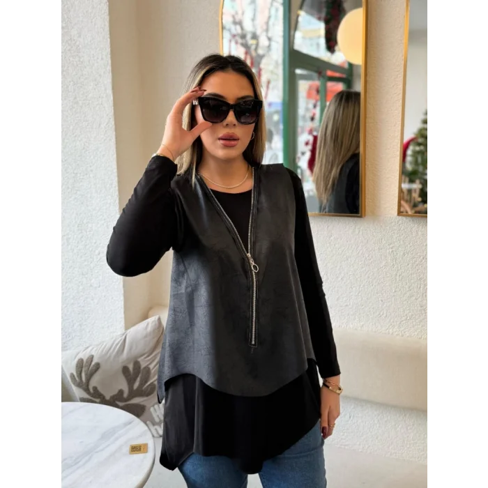 Kadın Uzun Kollu Asimetrik Kesim Viskon Bluz Ve çatlak Deri Görünümlü Yelek Ikili Takım