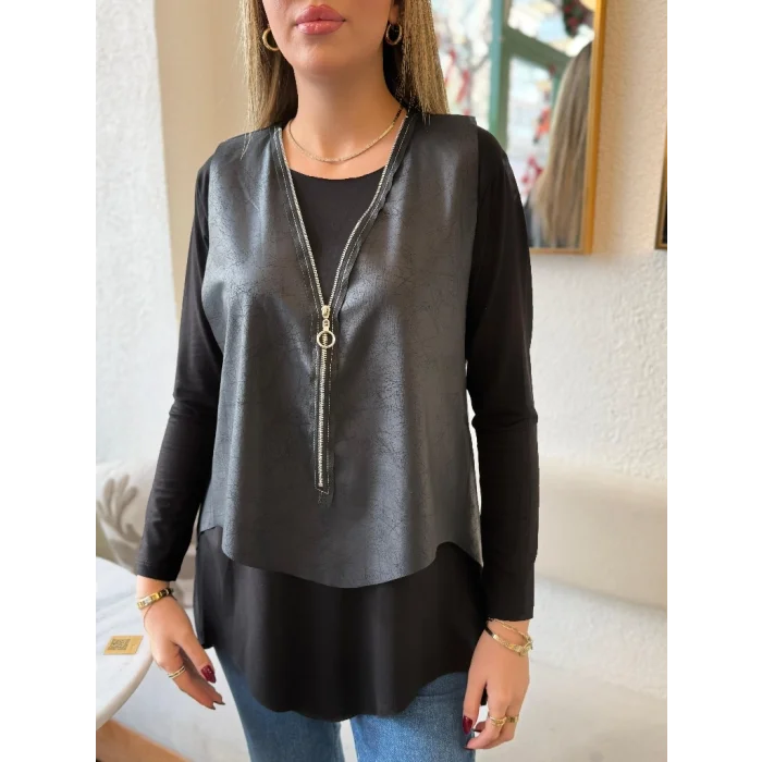 Kadın Uzun Kollu Asimetrik Kesim Viskon Bluz Ve çatlak Deri Görünümlü Yelek Ikili Takım