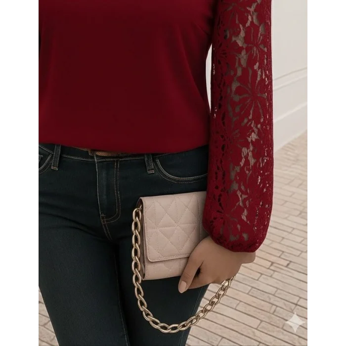 Kadın Uzun Kollu Asimetrik Yakalı Dantelli Ithal Krep Bluz