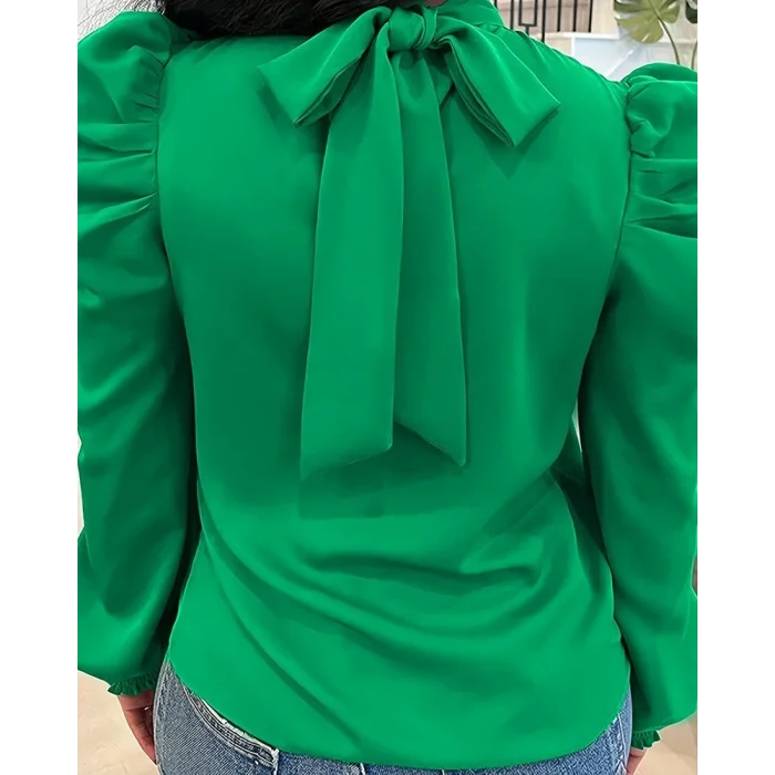 Kadın Uzun Kollu Balıkçı Yaka Arkadan Bağlamalı Omuzlardan Balon Ithal Krep Bluz