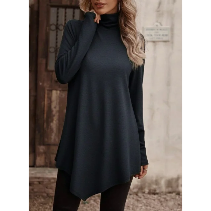 Kadın Uzun Kollu Balıkçı Yaka Asimetrik Kesim Detaylı Antrasit Yün Viskon Bluz