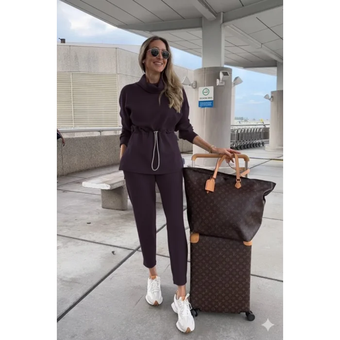 Kadın Uzun Kollu Balıkçı Yaka Belden Lastikli Modal Bluz Ve Pantolon Ikili Takım