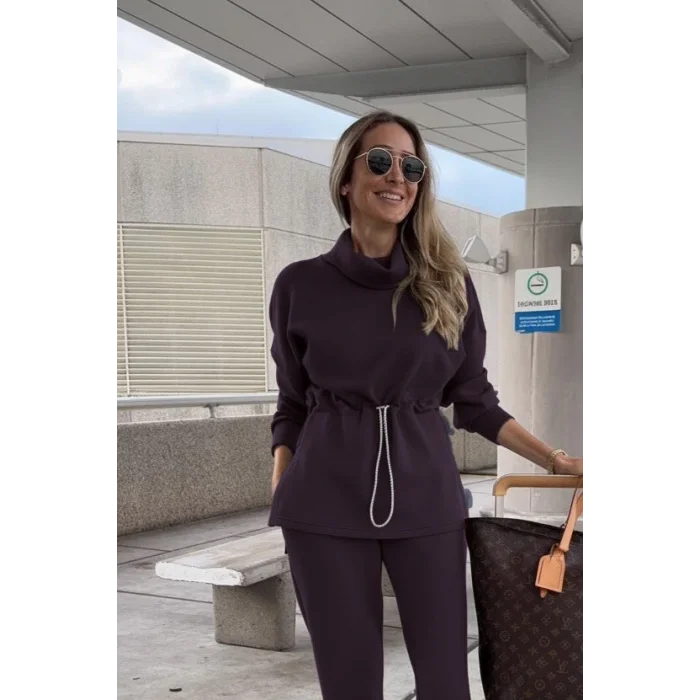 Kadın Uzun Kollu Balıkçı Yaka Belden Lastikli Modal Bluz Ve Pantolon Ikili Takım