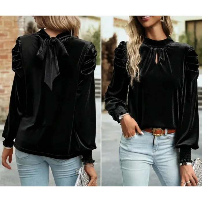 Kadın Uzun Kollu Balıkçı Yaka Damla Detaylı Kadife Bluz