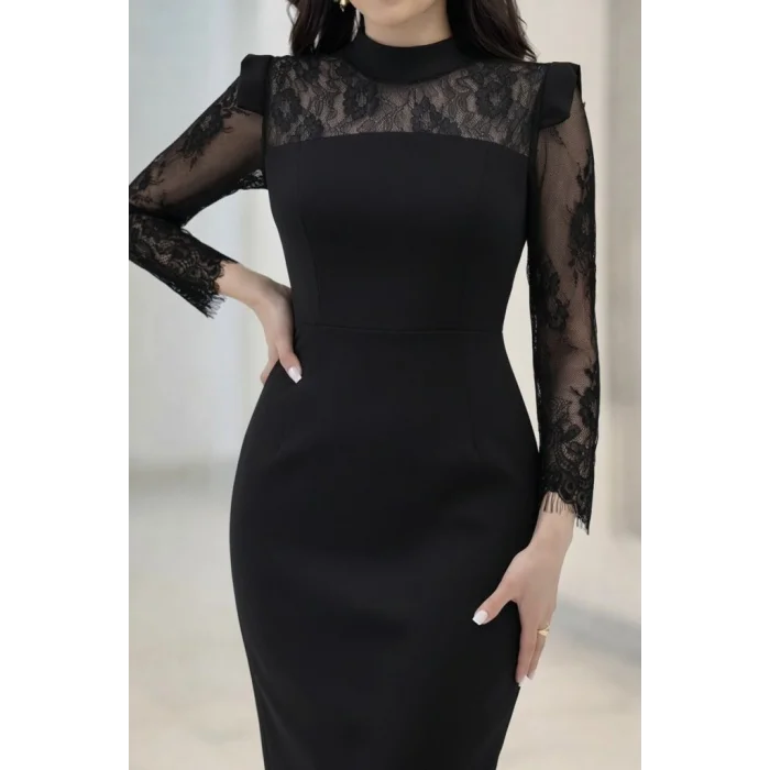 Kadın Uzun Kollu Balıkçı Yaka Dantel Detaylı Midi Ithal Krep Elbise