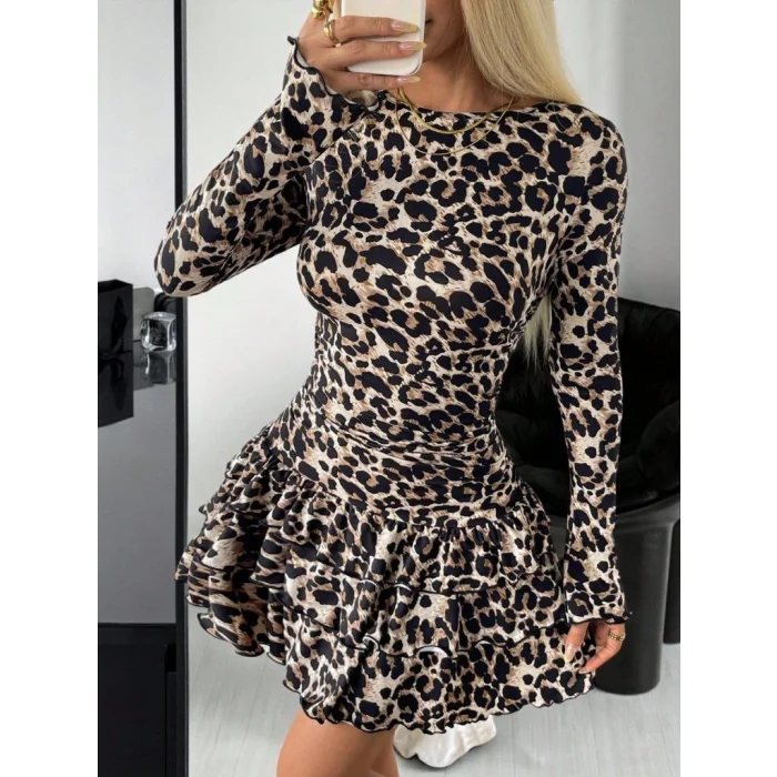 Kadın Uzun Kollu Balıkçı Yaka Fırfırlı Leopar Desenli Modal Elbise