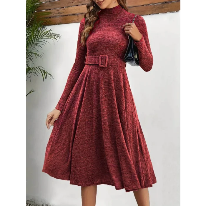 Kadın Uzun Kollu Balıkçı Yaka Kemer Detaylı Yumoş Midi Elbise