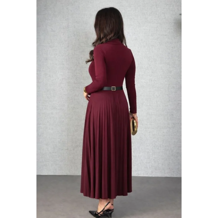 Kadın Uzun Kollu Balıkçı Yaka Kemersiz Pileli Uzun Sandy Elbise