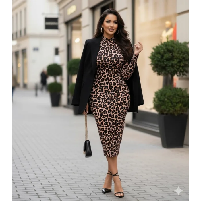 Kadın Uzun Kollu Balıkçı Yaka Leopar Desenli Midi Boy Elbise