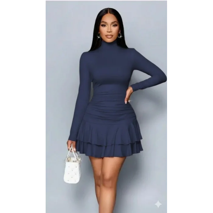 Kadın Uzun Kollu Balıkçı Yaka Mini Fırfırlı Sandy Elbise