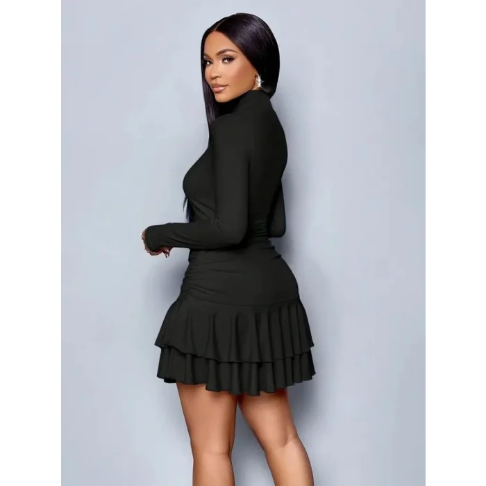 Kadın Uzun Kollu Balıkçı Yaka Mini Fırfırlı Sandy Elbise