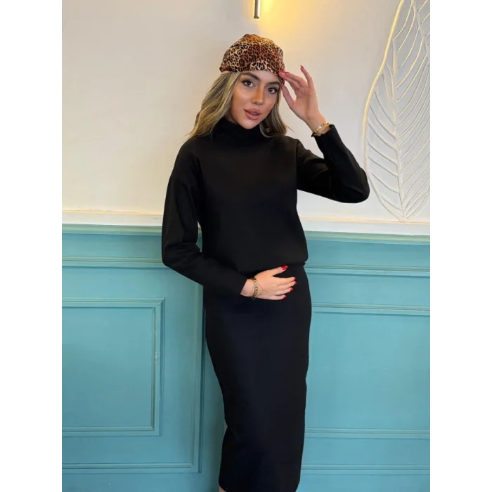 Kadın Uzun Kollu Balıkçı Yaka şardonlu Bluz Etek Takım