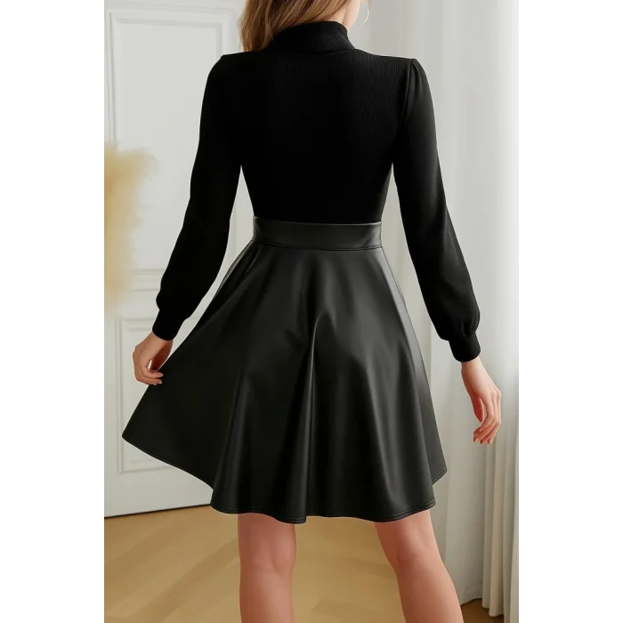 Kadın Uzun Kollu Balıkçı Yaka üst Kaşkorse Alt Deri Detaylı Mini Elbise