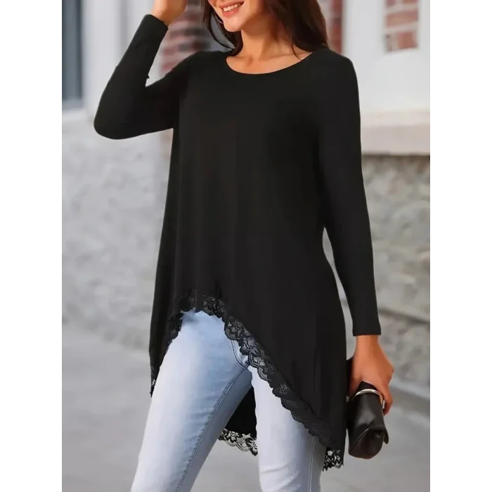 Kadın Uzun Kollu Bisiklet Yaka Asimetrik Kesim Detaylı Dantelli Viskon Bluz