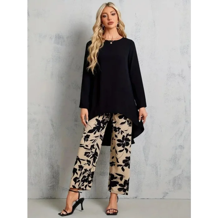 Kadın Uzun Kollu Bisiklet Yaka Asimetrik Kesim Detaylı Viskon Bluz Ve çiçek Desenli Iki Iplik Pantolon