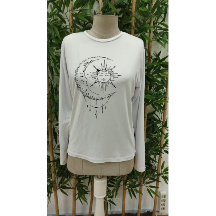 Kadın Uzun Kollu Bisiklet Yaka Ay Baskılı Viskon Bluz