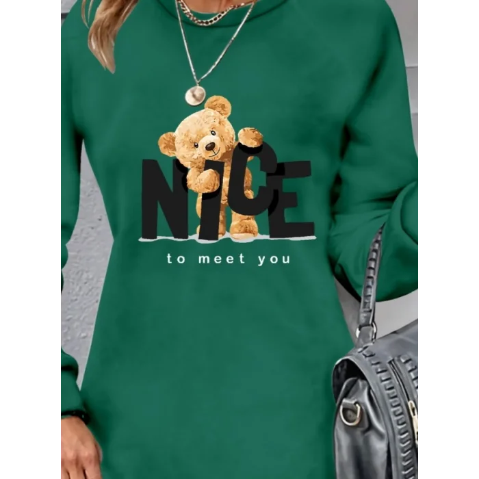 Kadın Uzun Kollu Bisiklet Yaka Ayı Desenli Viskon Iki Iplik Elbise