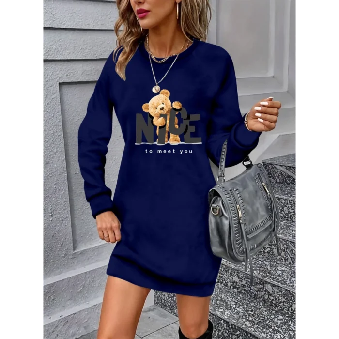 Kadın Uzun Kollu Bisiklet Yaka Ayı Desenli Viskon Iki Iplik Elbise