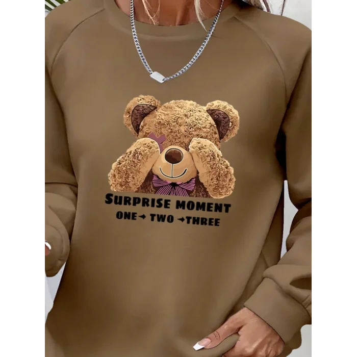 Kadın Uzun Kollu Bisiklet Yaka Ayıcık Desenli Viskon Iki Iplik Bluz