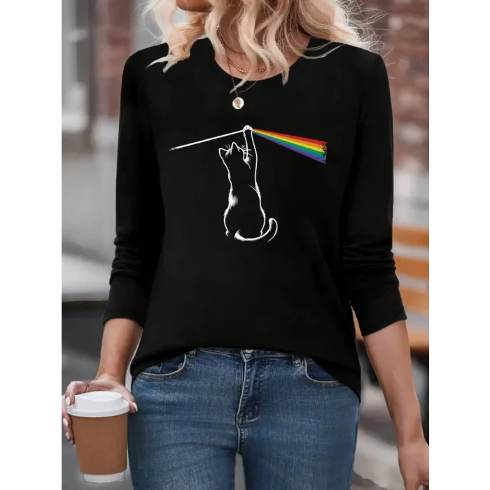 Kadın Uzun Kollu Bisiklet Yaka Baskılı Iki Iplik Bluz