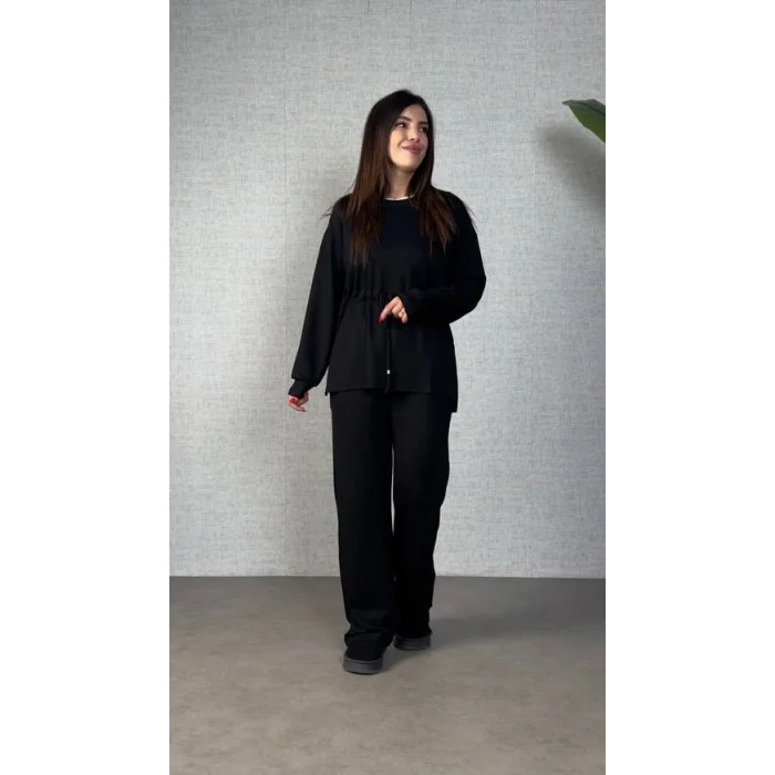 Kadın Uzun Kollu Bisiklet Yaka Belden Büzgülü Bağcıklı Viskon Iki Iplik Bluz Ve Pantolon Ikili Takım