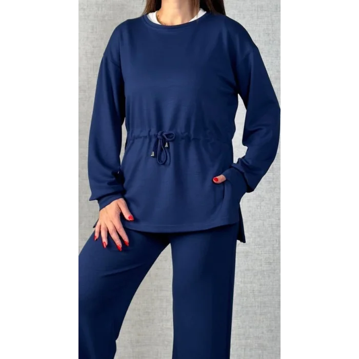 Kadın Uzun Kollu Bisiklet Yaka Belden Büzgülü Bağcıklı Viskon Iki Iplik Bluz Ve Pantolon Ikili Takım