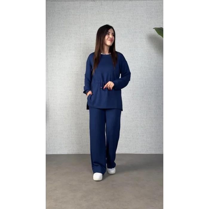 Kadın Uzun Kollu Bisiklet Yaka Belden Büzgülü Bağcıklı Viskon Iki Iplik Bluz Ve Pantolon Ikili Takım