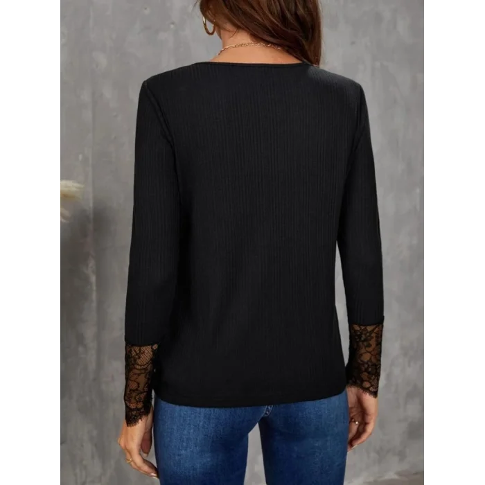 Kadın Uzun Kollu Bisiklet Yaka Dantel Detaylı Burgu Bluz