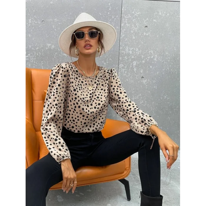 Kadın Uzun Kollu Bisiklet Yaka Desenli Bluz